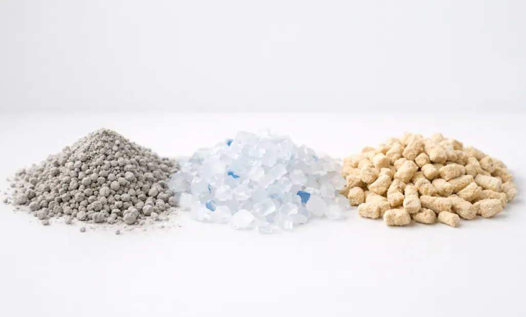 Comparison of clay, crystal, and plant-based cat litter materials