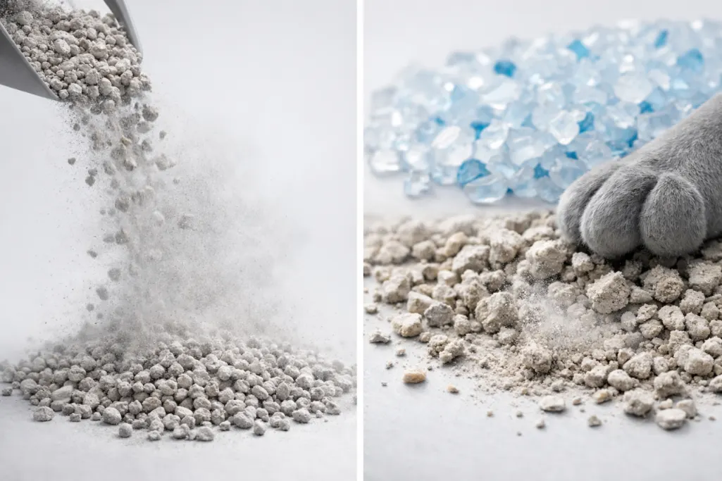 Comparison of dust behavior in clay and crystal cat litter