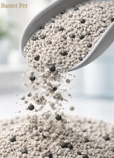 close-up of dust-free bentonite cat litter pouring, showing visible black activated carbon particles engineered for maximum ammonia absorption