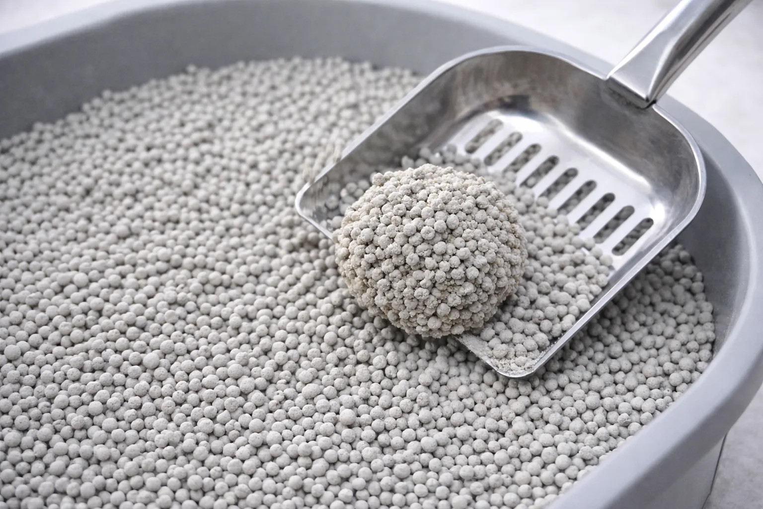 Close-up of a stainless steel scoop lifting a clump of bentonite cat litter