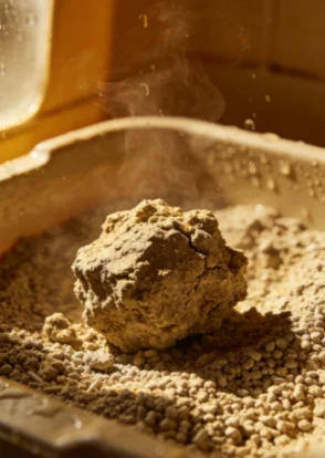Clump of bentonite cat litter in a litter box with steam rising, showing its moisture absorption properties.