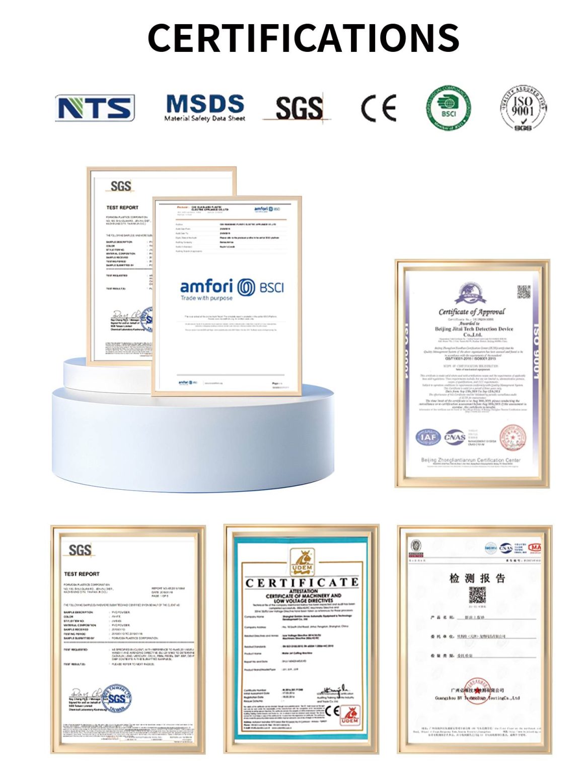 Display of official certifications for cat litter manufacturing, including SGS test reports, MSDS, CE, and ISO 9001 compliance documents
