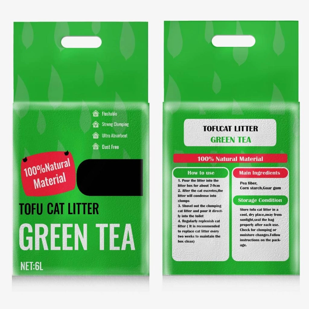 Green tea-scented tofu cat litter made from 100% natural materials with clumping, absorbent, and dust-free properties