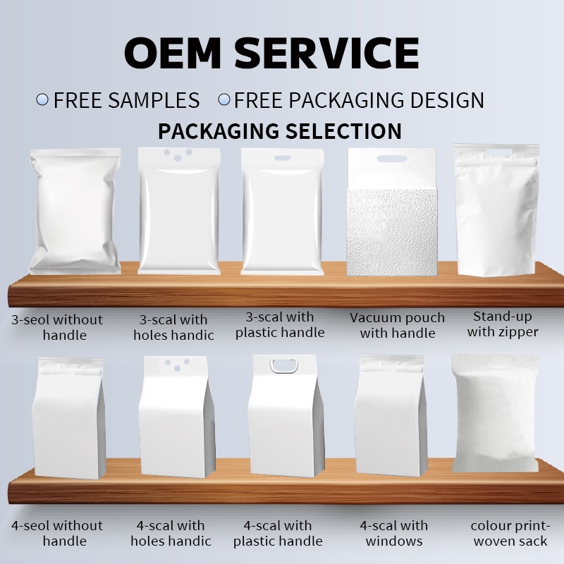 OEM service for cat litter packaging options including 3-side seal, vacuum pouch, quad-seal bags, and stand-up zippers