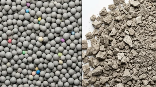Ball shape bentonite vs crushed clay cat litter comparison.