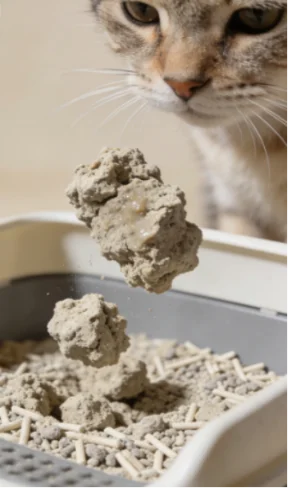 Cat near clumping bentonite cat litter with clumps floating above the box.
