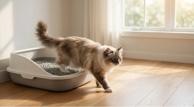 Cat stepping onto clean floor demonstrating low tracking cat litter.