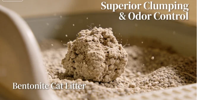 Clump of bentonite cat litter forming with superior clumping and odor control properties.