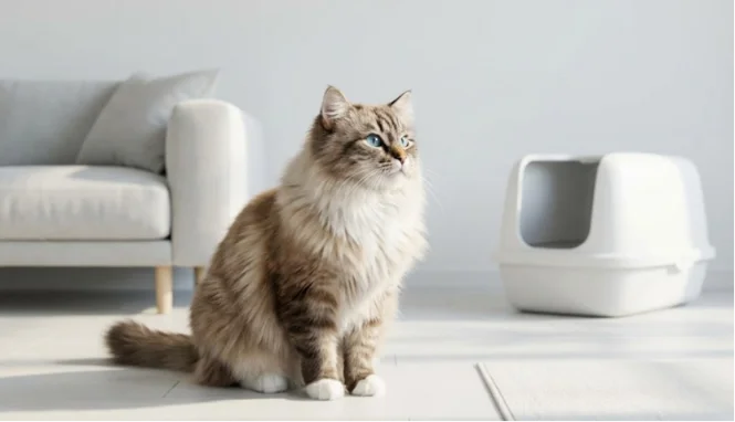 Healthy cat sitting in a clean, dust-free living room near a litter box.