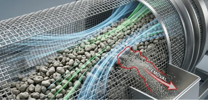 Mesh filter drum separating fine litter dust from pellets.