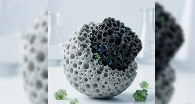 Porous gray sphere with black porous core and small green crystals.