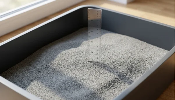 Ruler measuring 4 inches of deep bentonite cat litter