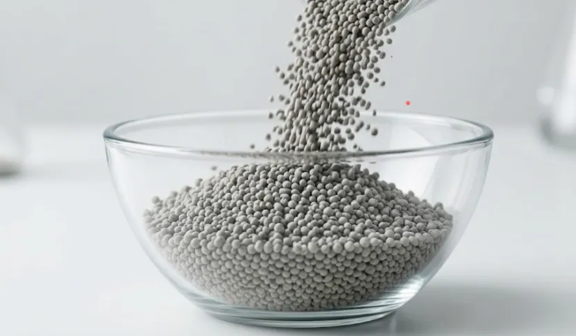 Close-up of dust-free grey bentonite cat litter granules pouring into a bowl.
