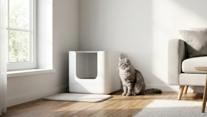 Grey cat by a modern white litter box in a clean room.