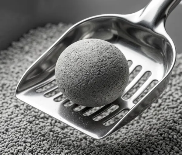 Metal scoop holding a perfectly solid cat litter clump.