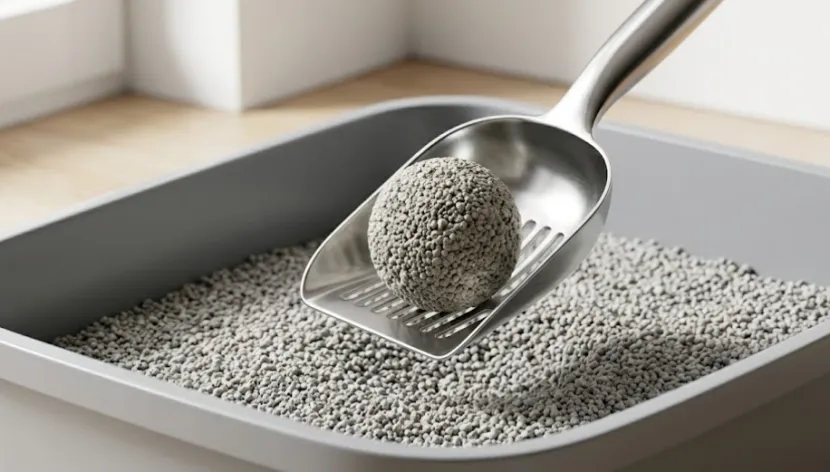 Metal scoop lifting a round cat litter clump.