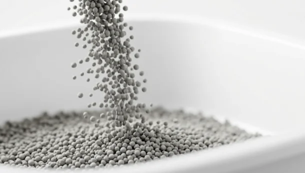 Pouring dust-free bentonite cat litter into a litter box.