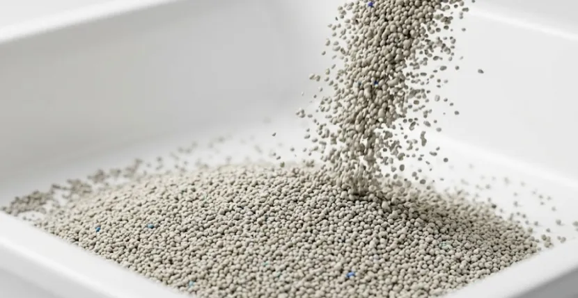Pouring dust-free bentonite cat litter into a white pan.