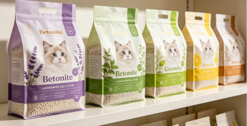 Bags of scented bentonite cat litter on retail shelf