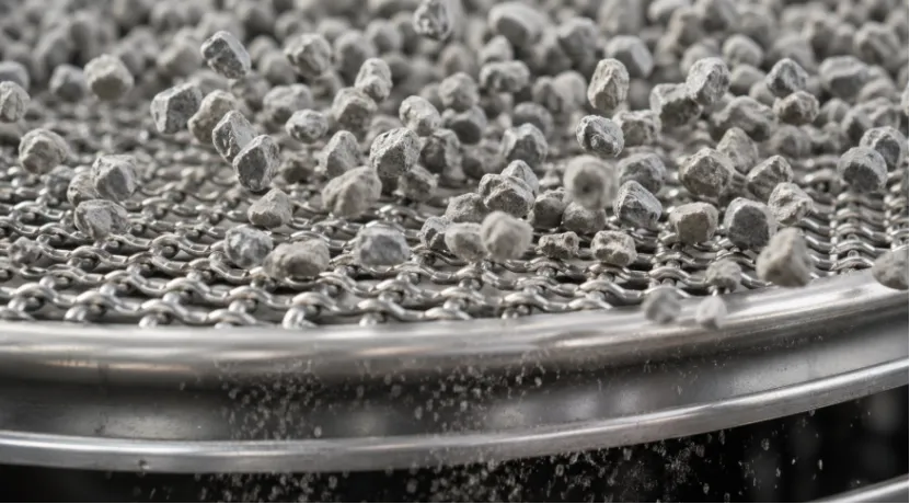 Bentonite cat litter granules on a vibratory mesh screen
