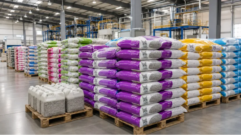 Colorful bags of bulk cat litter stacked on wooden pallets in a warehouse