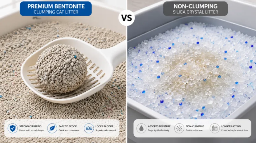 Comparison of clumping bentonite cat litter versus non-clumping silica crystal litter