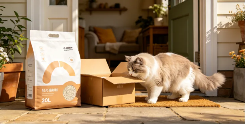 Fluffy cat sniffing a delivery box next to a large 20L bag of cat litter on a porch