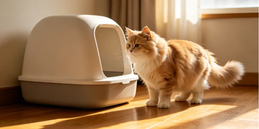 Fluffy cat standing next to a modern hooded litter box.
