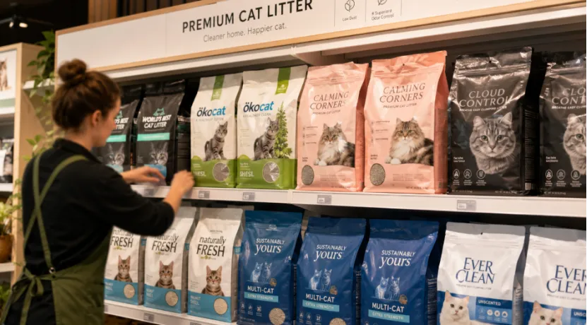 Retail worker stocking various cat litter bags on store shelves