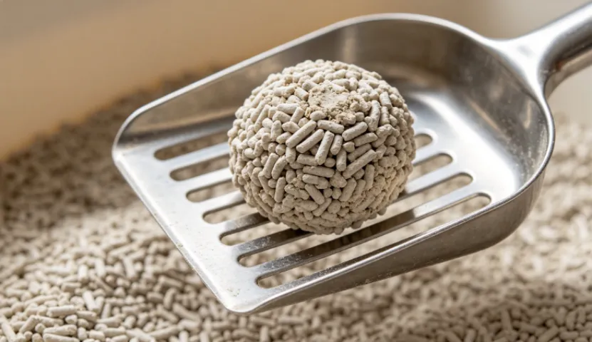 Solid cat litter clump on a metal scooper