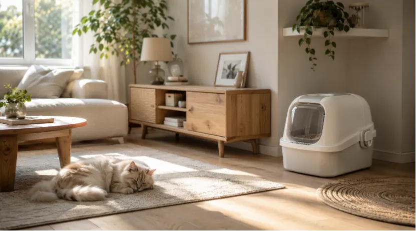 A fluffy cat sleeping on a rug near a covered litter box in a sunlit living room