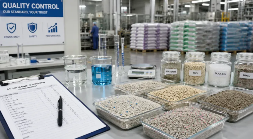 Cat litter quality control testing desk with various samples, beakers, and an inspection checklist