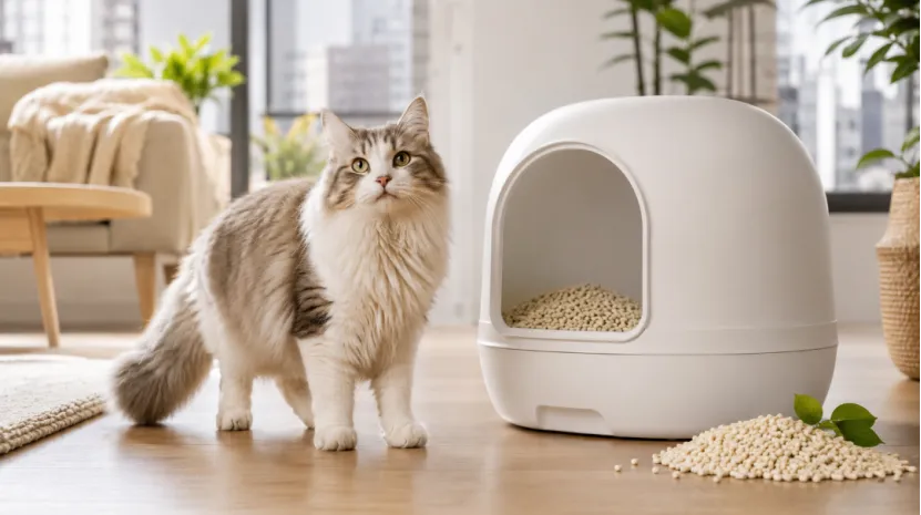 Fluffy cat next to a modern white covered litter box and tofu cat litter