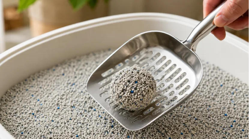 Metal scoop holding a solid round clump of cat litter