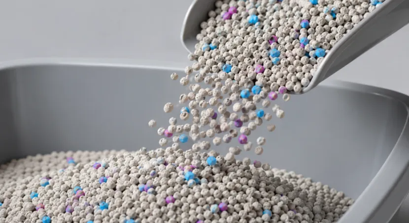 Pouring grey clumping cat litter with colorful beads into a tray
