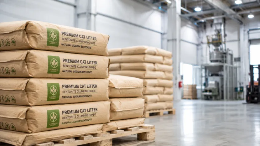 Stacks of premium bentonite cat litter bags on wooden pallets in a modern warehouse