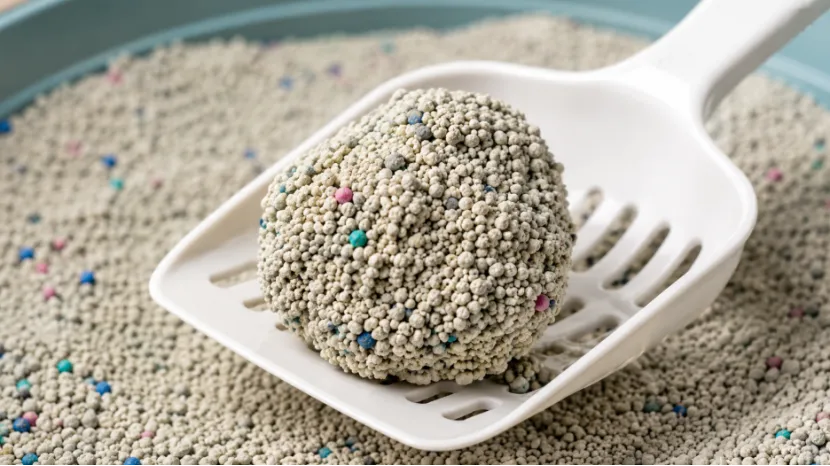 White scoop holding a solid, tight clump of bentonite cat litter