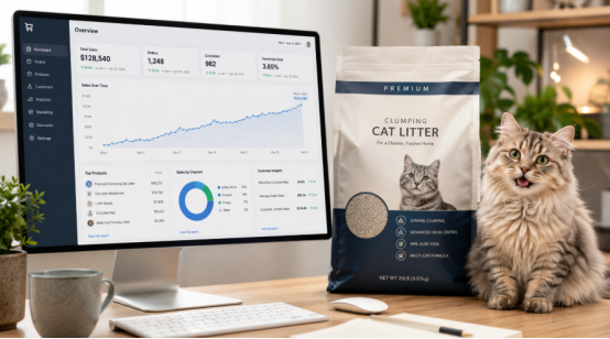 E-commerce sales dashboard, premium cat litter bag, and a cat on a desk
