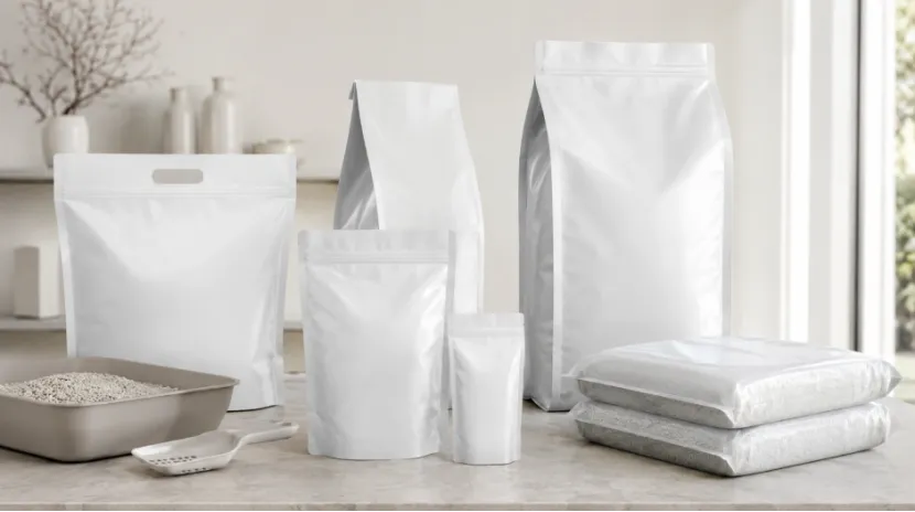 Blank white cat litter bags in various sizes ready for custom branding