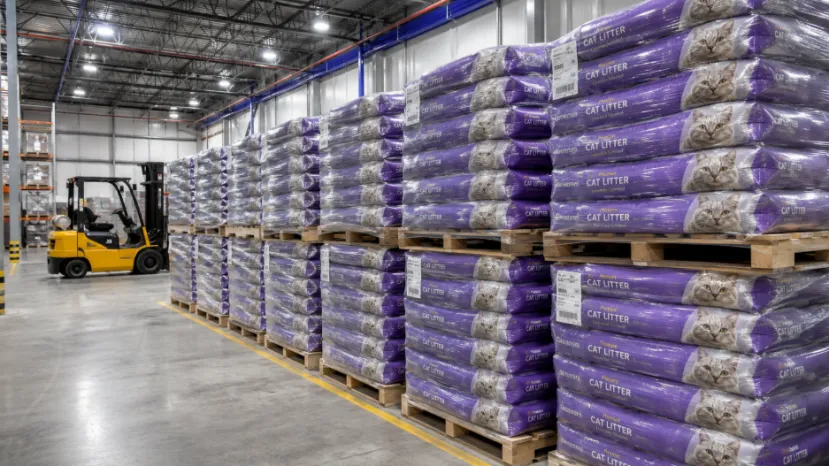 Pallets of bulk cat litter in a warehouse