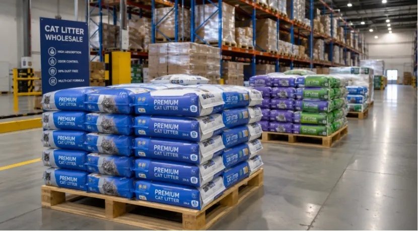 Pallets of premium cat litter bags stacked in a wholesale warehouse
