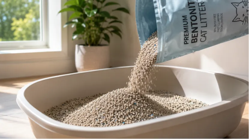 Pouring dust-free bentonite cat litter into a box
