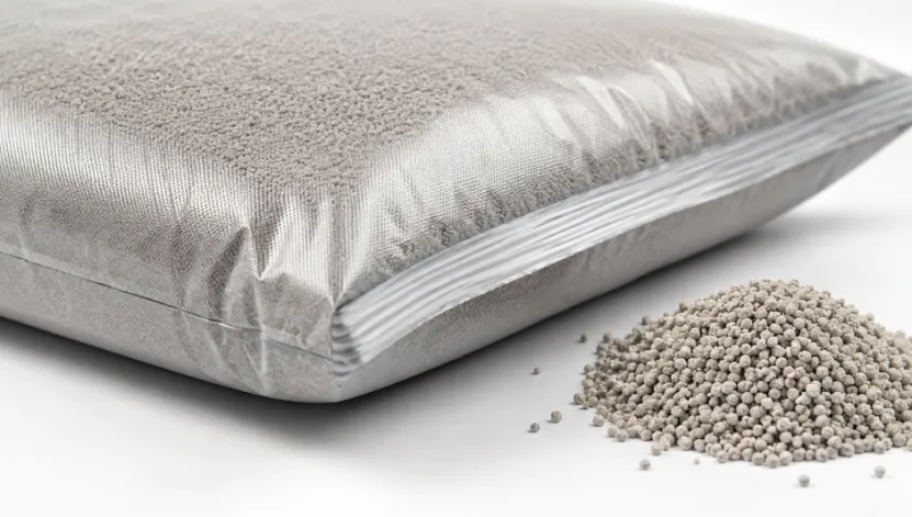 Sealed granular cat litter bag with scattered pellets