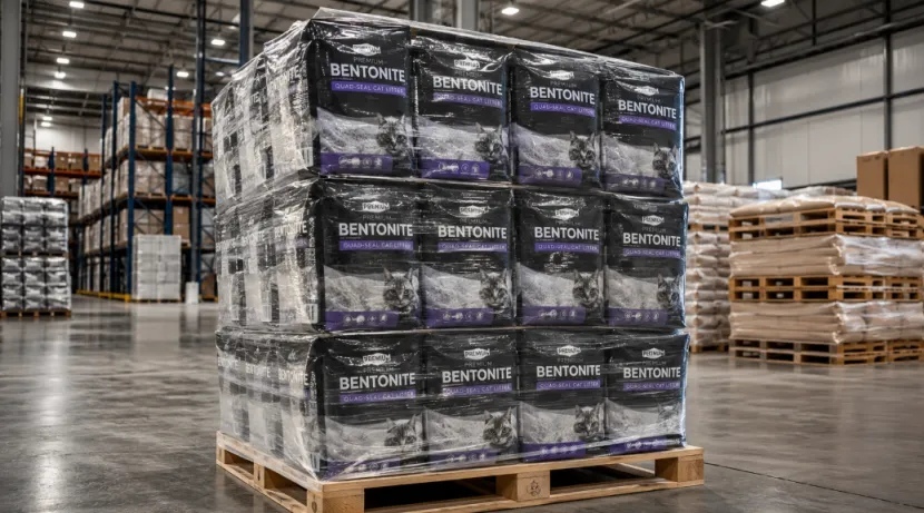 Shrink-wrapped pallet of quad-seal bentonite cat litter bags