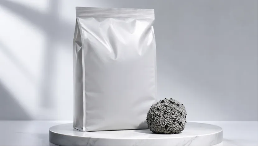 Unbranded OEM cat litter bag displayed next to a firm carbon bentonite clump