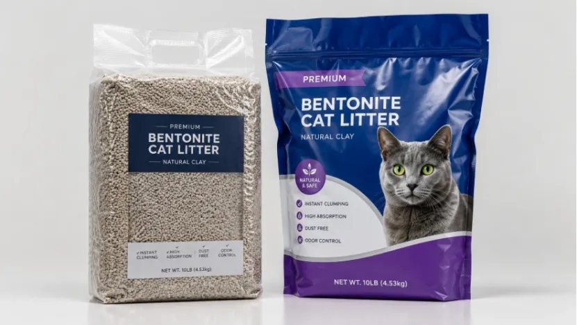 Vacuum-sealed bag and printed pouch of bentonite cat litter
