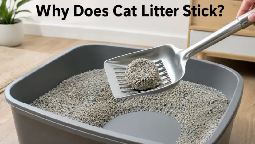 A metal scoop lifting a solid cat litter clump from a litter box