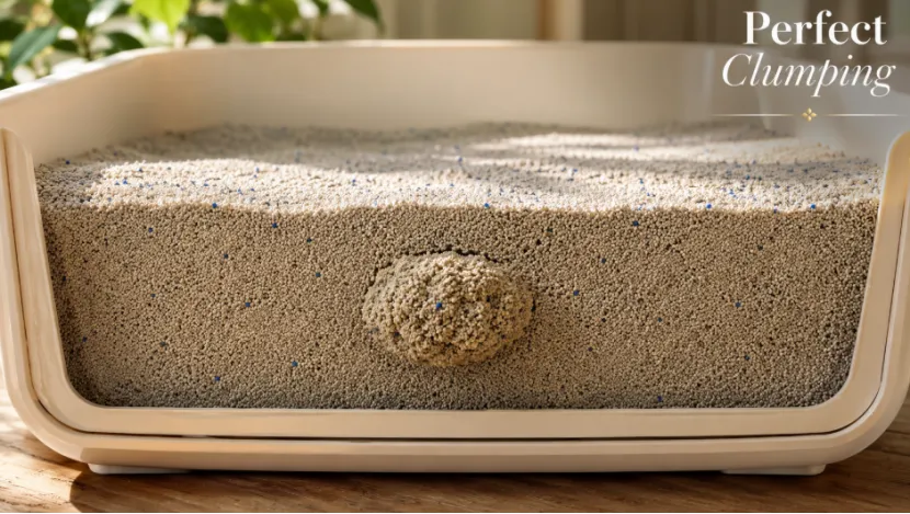 Cross-section of a litter box showing a solid clump suspended in deep cat litter