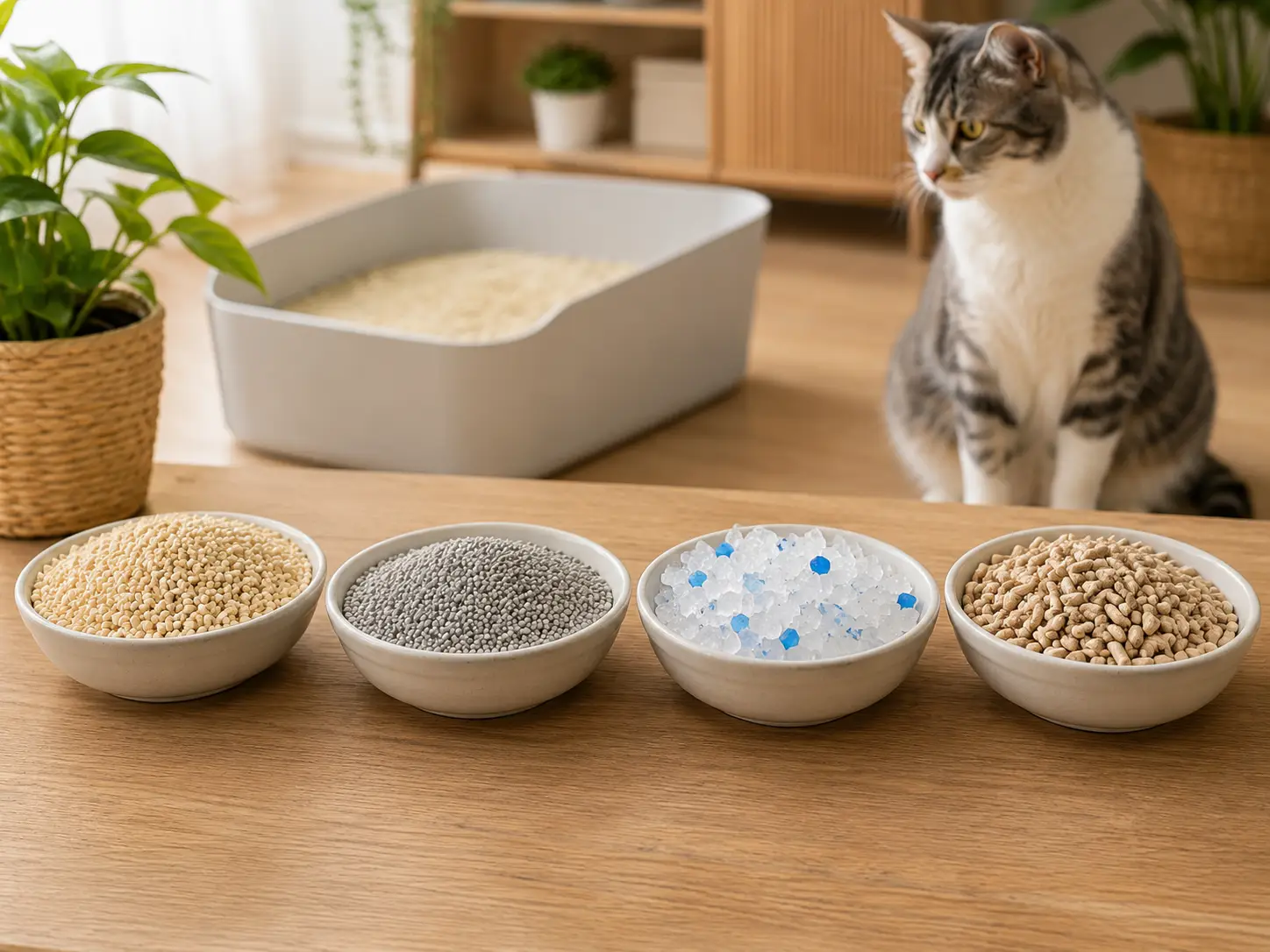 Four types of cat litter displayed in bowls with a cat in the background