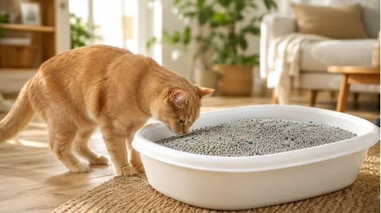 Orange cat sniffing a clean cat litter box